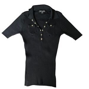 VINTAGE August Silk Y2K Ribbed Cyber-Indie Polo Top - Medium